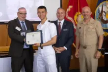 Brendan McGrew (Mechanical Engineering '28, Navy ROTC scholarship Midshipman) who won first prize in the midshipmen and cadets category of the 2025 Chief of Naval Operations Naval History Essay Contest for his piece, Hollow Navy: A Defensive Force with Little to Defend.  